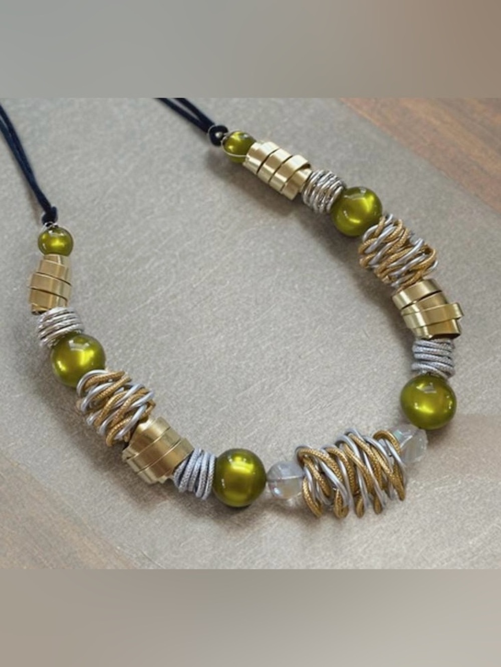 Olive Green and Gold Freestyle Statement Necklace - Picture 6 of 7